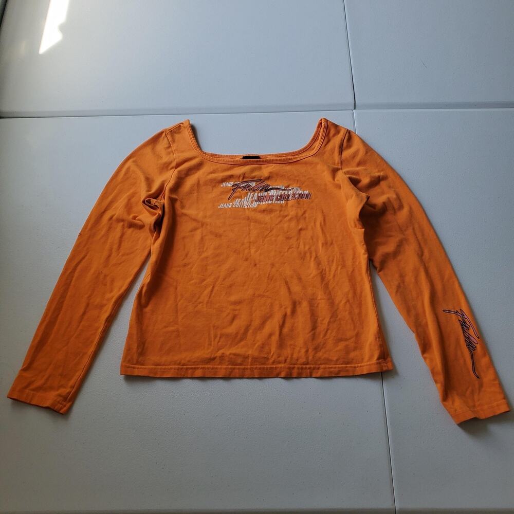 Y2K FUBU Shirt Women XL Orange Square Neck Long Sleeve Graphic Jeans Stretch Top